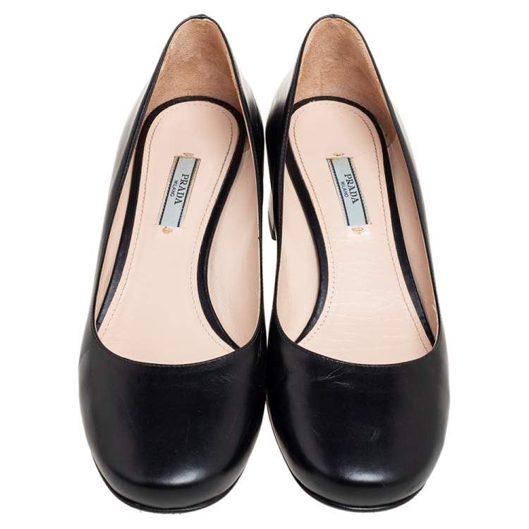 Pre Owned Prada Black Leather Round Toe Block Heel Pumps Size 40