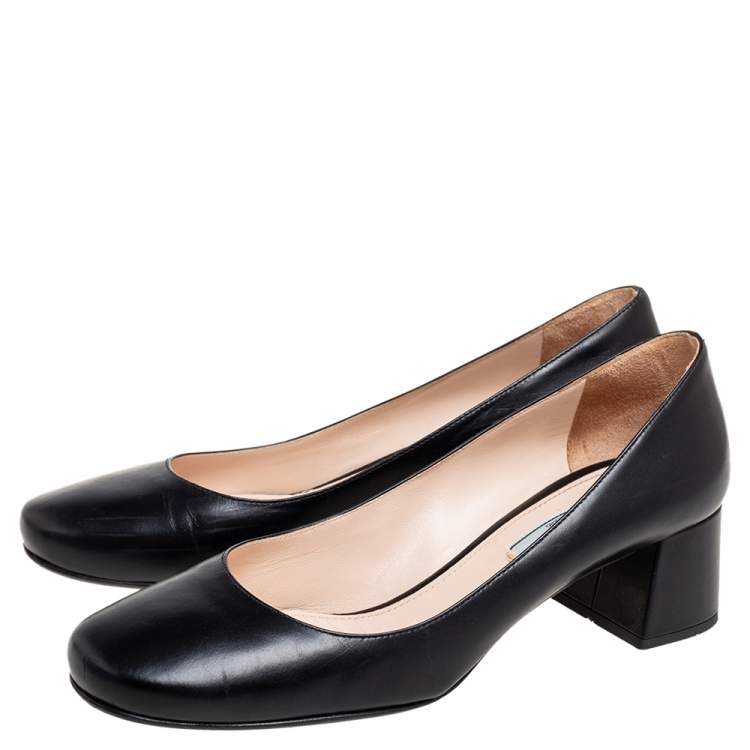 Pre Owned Prada Black Leather Round Toe Block Heel Pumps Size 40
