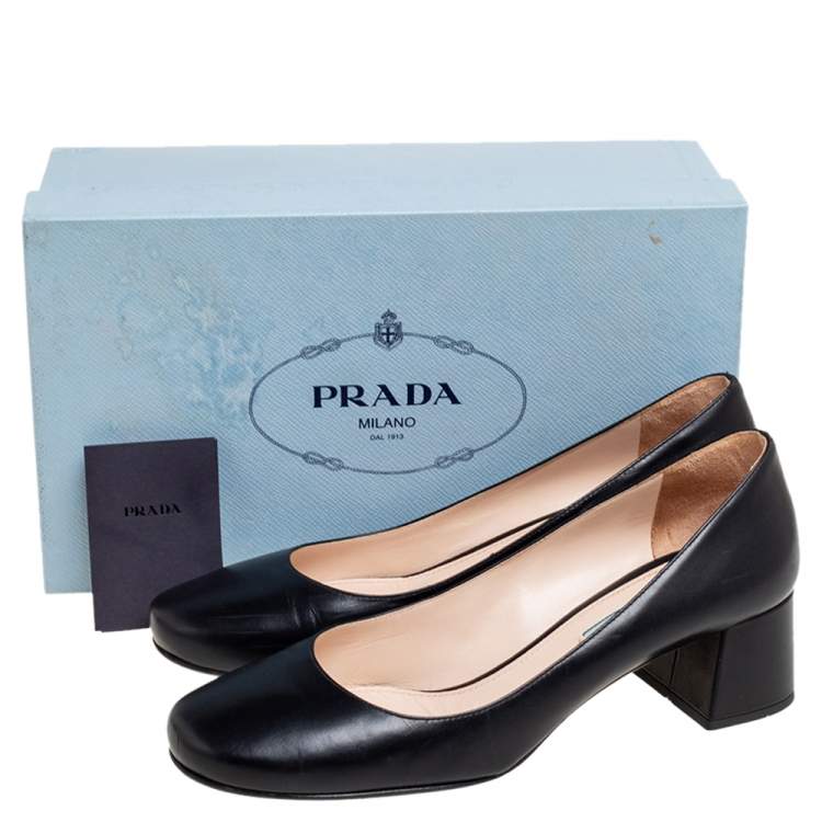 Pre Owned Prada Black Leather Round Toe Block Heel Pumps Size 40