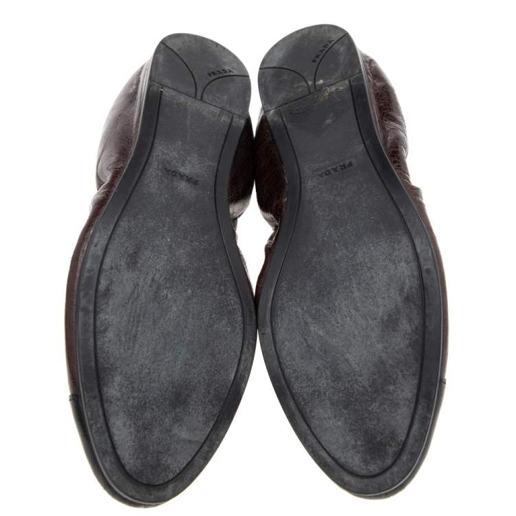 Pre Owned Prada Brown/Black Leather Scrunch Ballet Flats Size 36.5