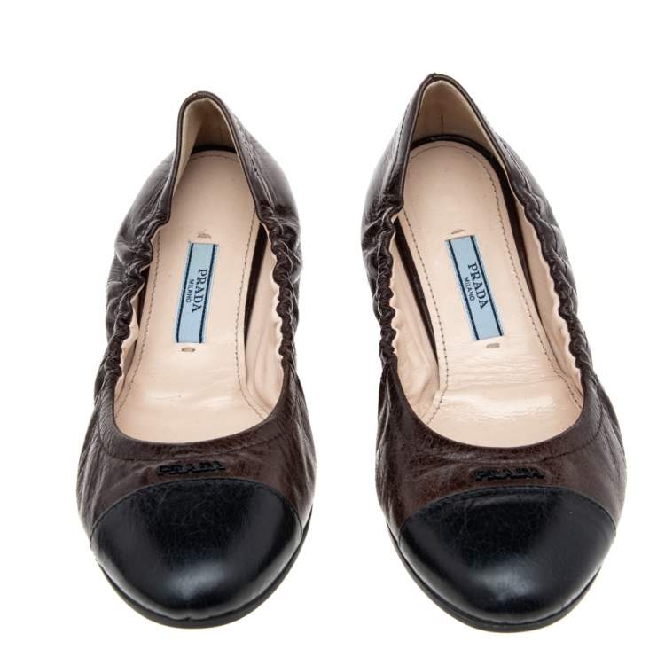 Pre Owned Prada Brown/Black Leather Scrunch Ballet Flats Size 36.5