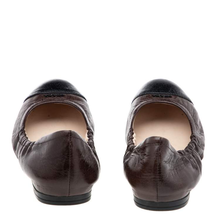Pre Owned Prada Brown/Black Leather Scrunch Ballet Flats Size 36.5