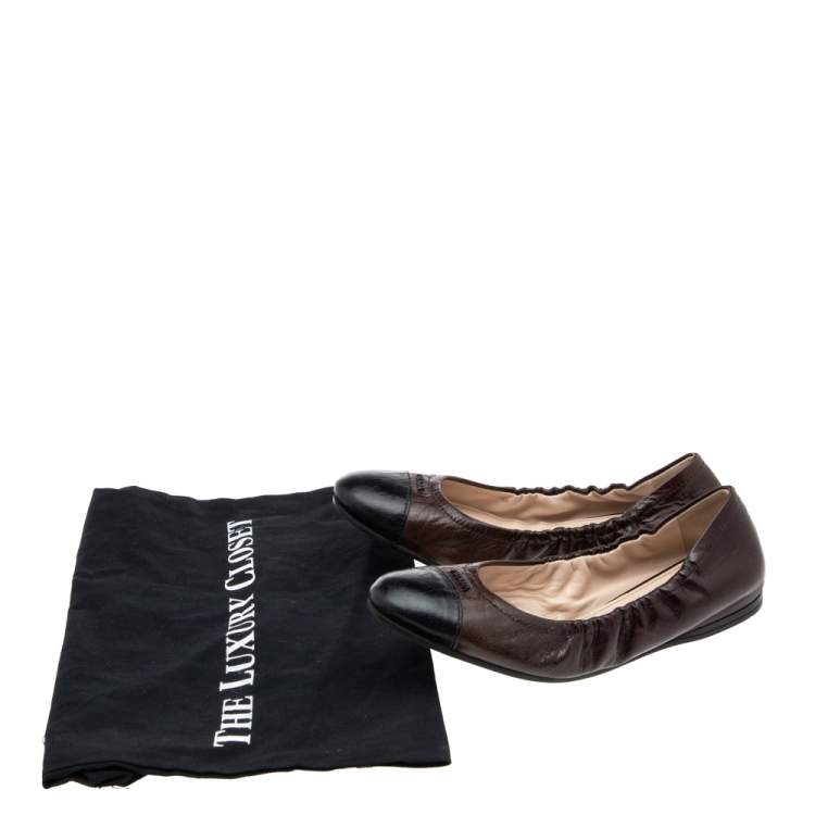 Pre Owned Prada Brown/Black Leather Scrunch Ballet Flats Size 36.5
