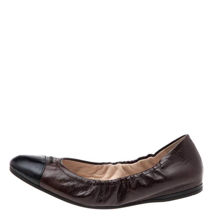 Pre Owned Prada Brown/Black Leather Scrunch Ballet Flats Size 36.5