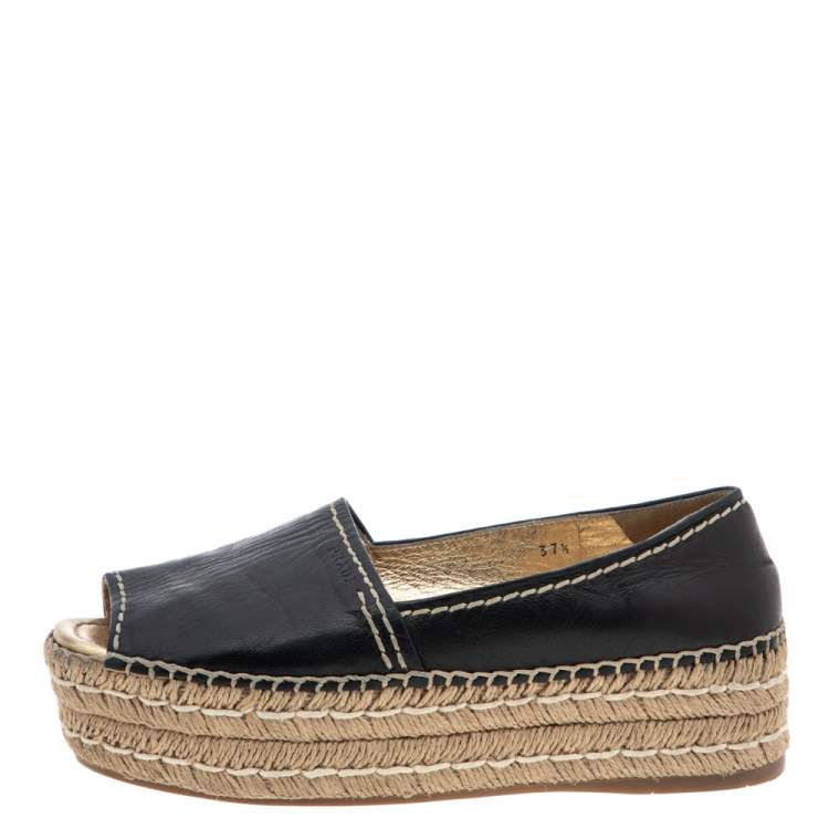 Prada Black Leather Peep Toe Platform Espadrille Flats Size