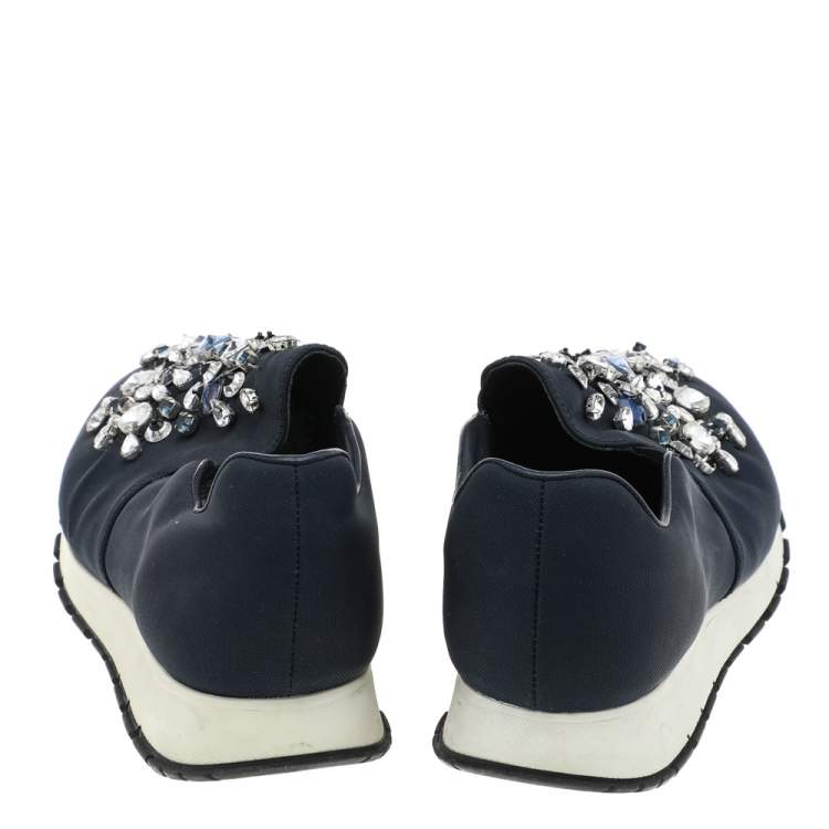 Pre Owned Prada Navy Blue Canvas Crystal Embellished Slip On Sneakers Size 37.5