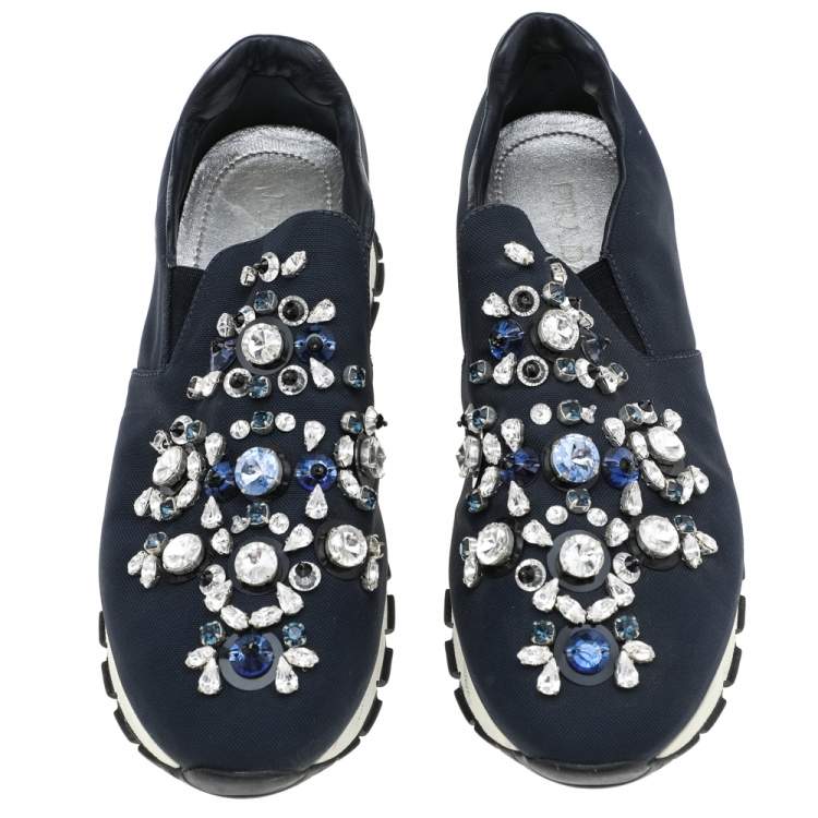Pre Owned Prada Navy Blue Canvas Crystal Embellished Slip On Sneakers Size 37.5