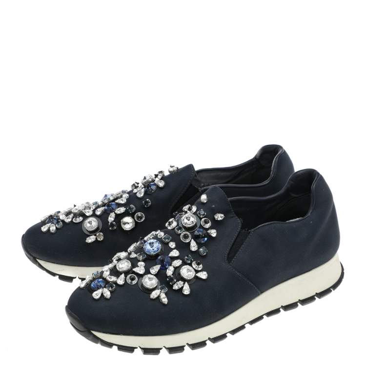 Pre Owned Prada Navy Blue Canvas Crystal Embellished Slip On Sneakers Size 37.5