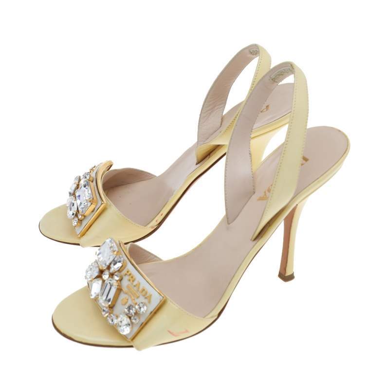 Pre Owned Prada Light Yellow Patent Leather Crystal Studded Bow Slingback Sandals Size 37.5