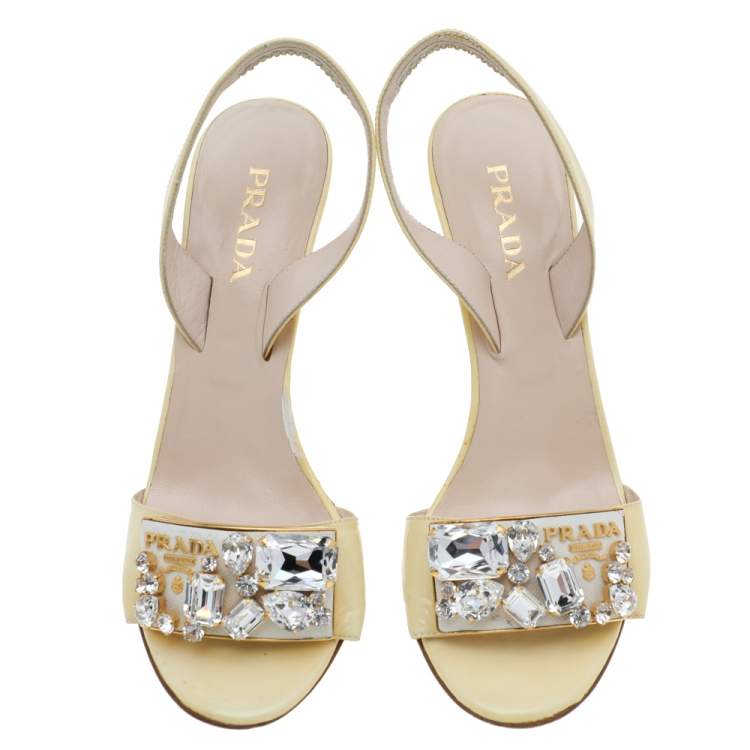 Pre Owned Prada Light Yellow Patent Leather Crystal Studded Bow Slingback Sandals Size 37.5