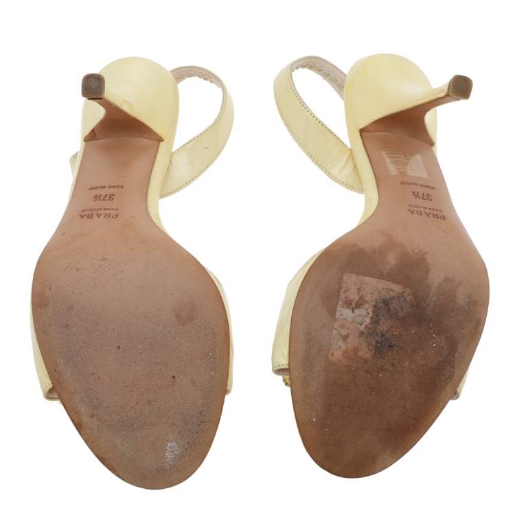 Pre Owned Prada Light Yellow Patent Leather Crystal Studded Bow Slingback Sandals Size 37.5