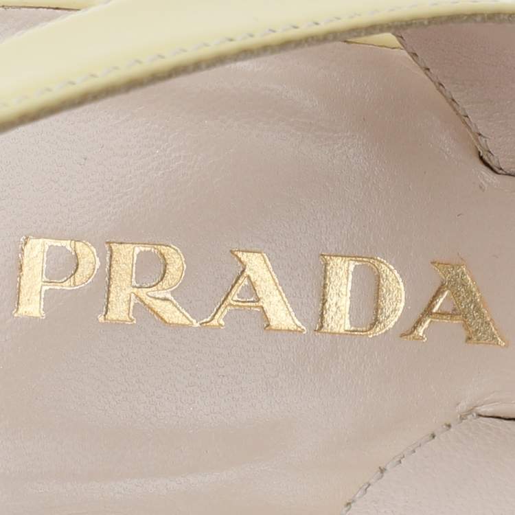 Pre Owned Prada Light Yellow Patent Leather Crystal Studded Bow Slingback Sandals Size 37.5