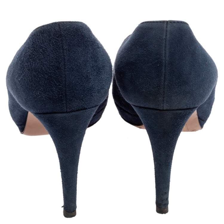 Pre Owned Prada Navy Blue Suede Peep-Toe Platform Pumps Size 38.5