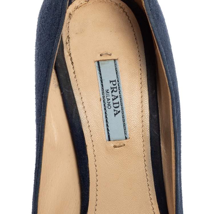 Pre Owned Prada Navy Blue Suede Peep-Toe Platform Pumps Size 38.5