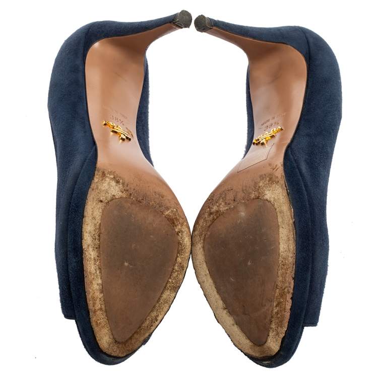 Pre Owned Prada Navy Blue Suede Peep-Toe Platform Pumps Size 38.5
