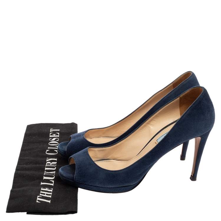 Pre Owned Prada Navy Blue Suede Peep-Toe Platform Pumps Size 38.5