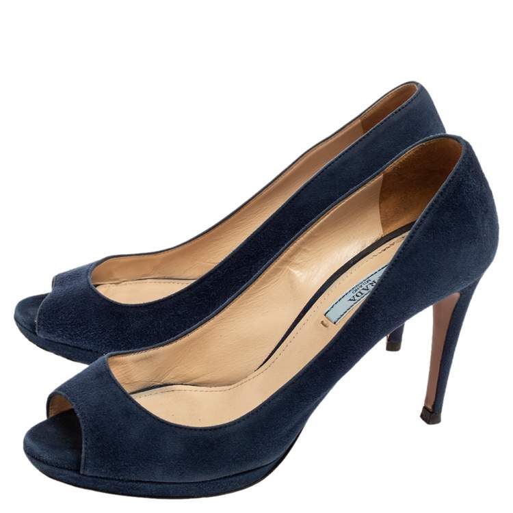 Pre Owned Prada Navy Blue Suede Peep-Toe Platform Pumps Size 38.5