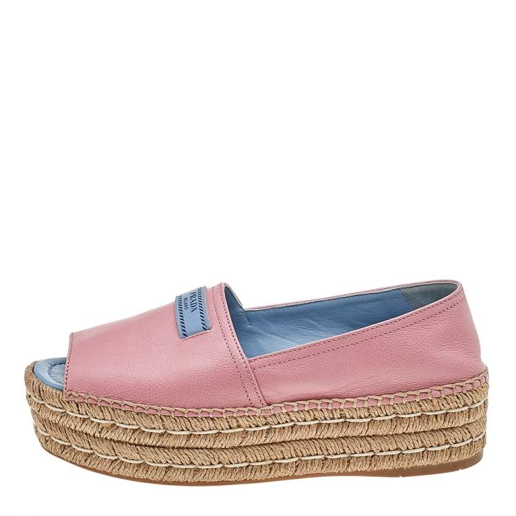 Prada Pink Leather Peep Toe Platform Espadrille Flats Size 38