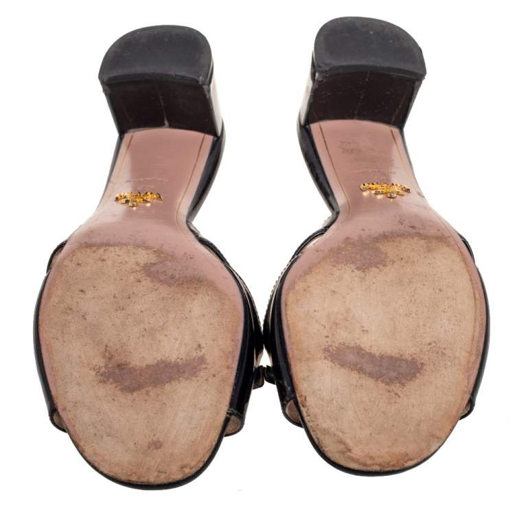 Pre Owned Prada Black Patent Leather Bow Slide Sandals Size 40