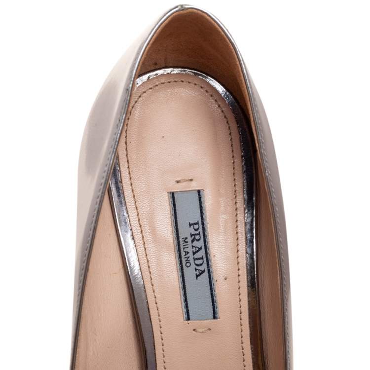 Pre Owned Prada Silver Patent Leather Peep Toe Pumps Size 39.5