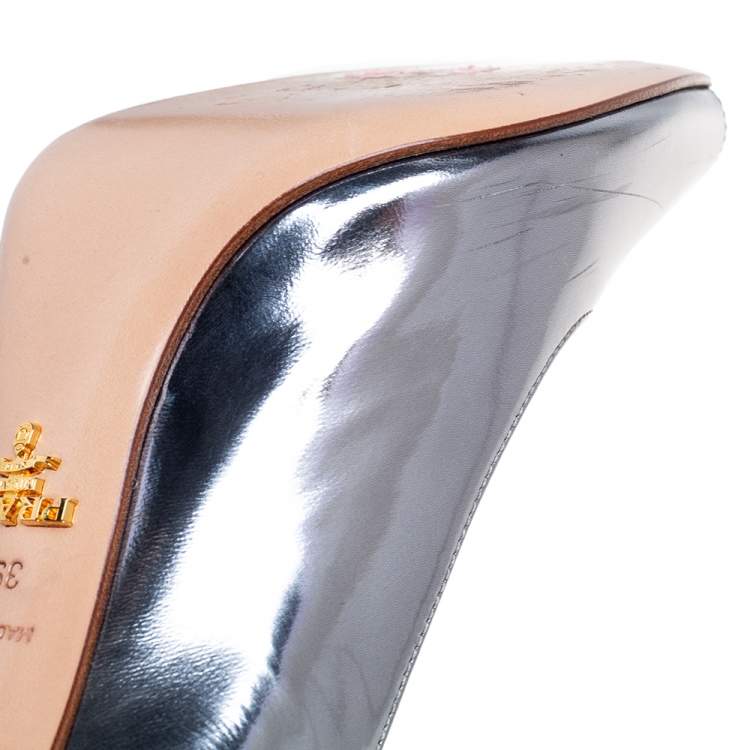 Pre Owned Prada Silver Patent Leather Peep Toe Pumps Size 39.5