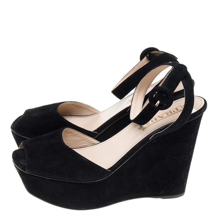 Pre Owned Prada Black Suede Wedge Platform Ankle Strap Sandals Size 37