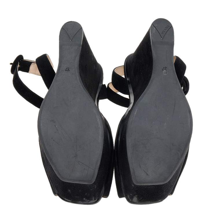 Pre Owned Prada Black Suede Wedge Platform Ankle Strap Sandals Size 37
