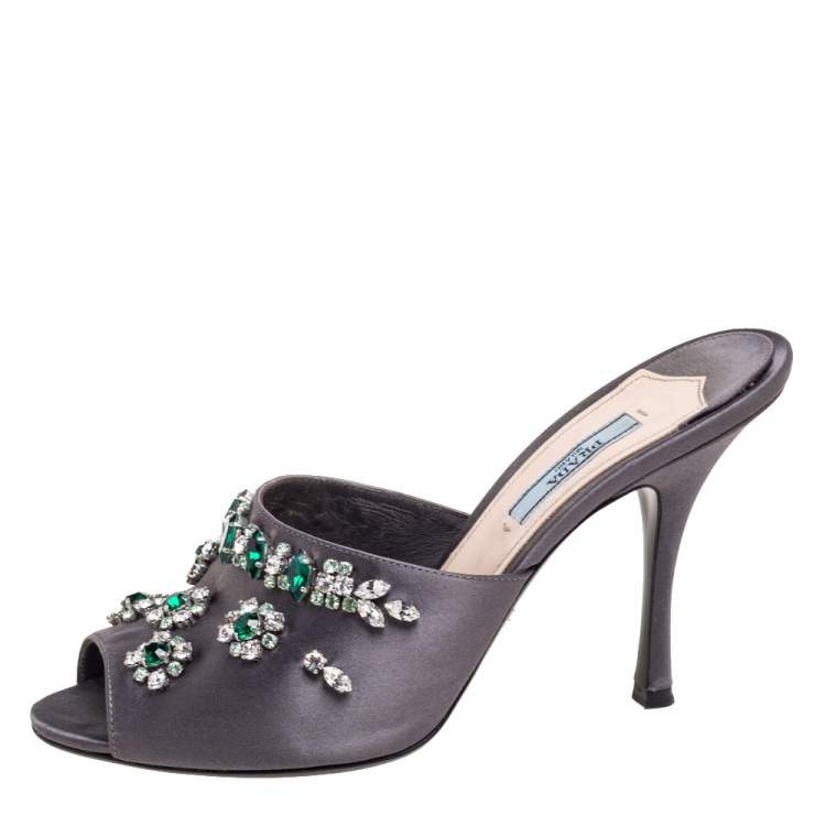 Prada Grey Satin Crystal Embellished Slide Sandals Size  Prada | TLC