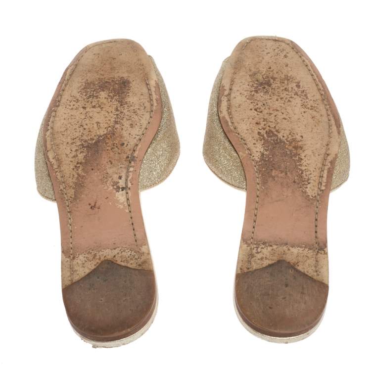 Pre Owned Prada Gold Glitter Flat Slides Size 38