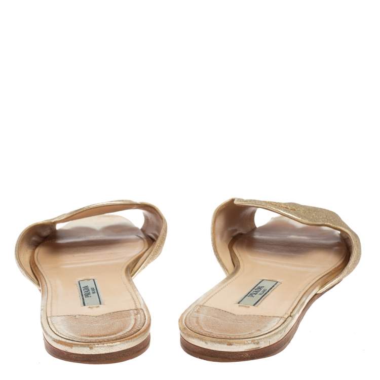 Pre Owned Prada Gold Glitter Flat Slides Size 38