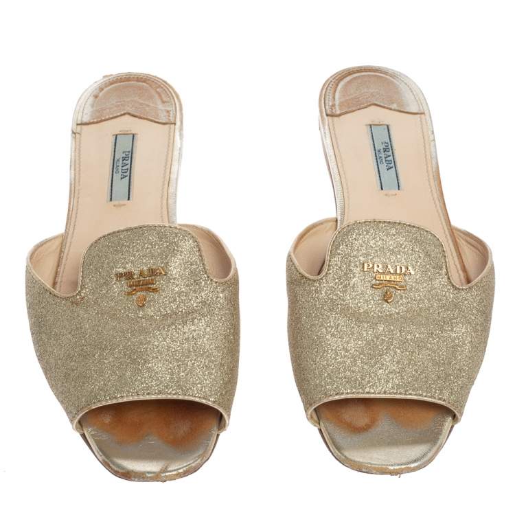 Pre Owned Prada Gold Glitter Flat Slides Size 38