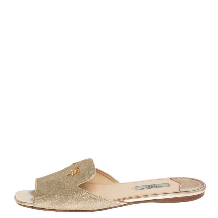 Pre Owned Prada Gold Glitter Flat Slides Size 38