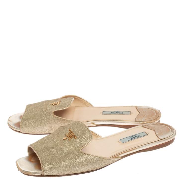 Pre Owned Prada Gold Glitter Flat Slides Size 38