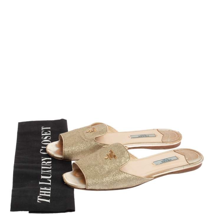 Pre Owned Prada Gold Glitter Flat Slides Size 38