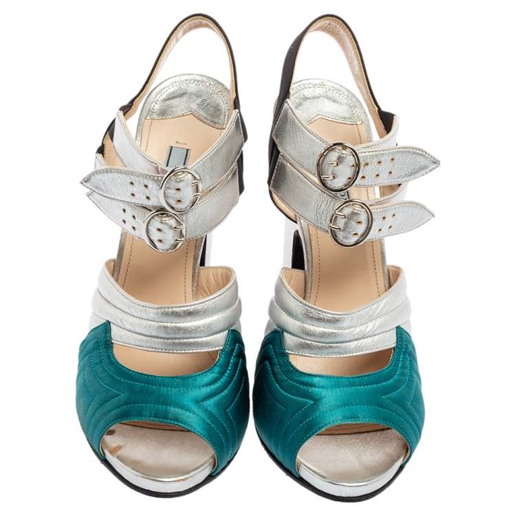 Pre Owned Prada Tri-Color Quilted Leather and Satin Ankle Strap Sandals Size 40