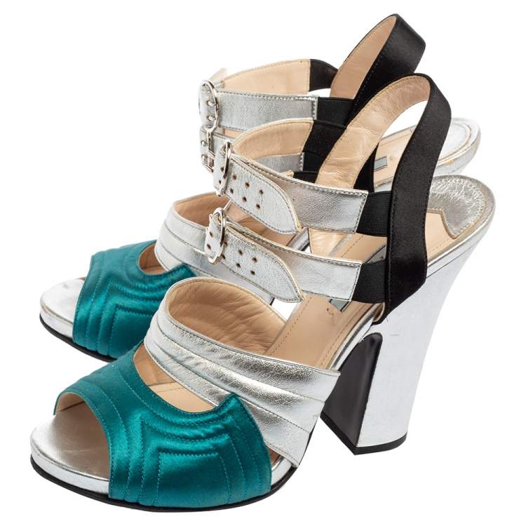 Pre Owned Prada Tri-Color Quilted Leather and Satin Ankle Strap Sandals Size 40