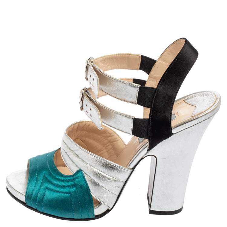Pre Owned Prada Tri-Color Quilted Leather and Satin Ankle Strap Sandals Size 40