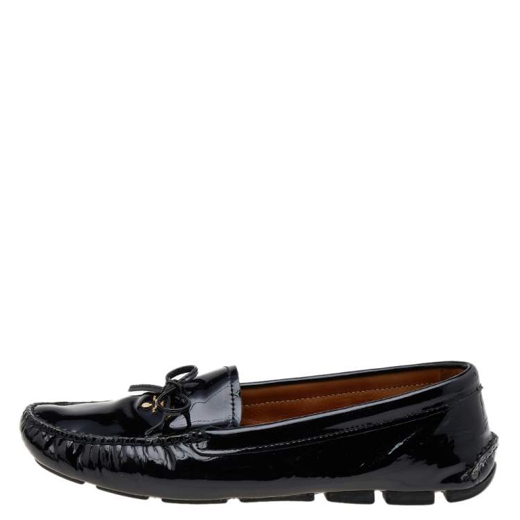 Pre Owned Prada Black Patent Leather Bow Logo Slip On Loafers Size 39