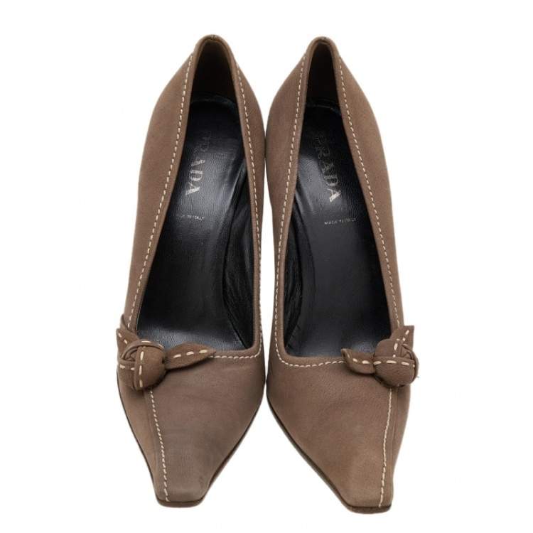 مملوكة مسبقًا Prada Khaki Brown Stitch Leather Knot Pointed Toe Pumps Size 37.5
