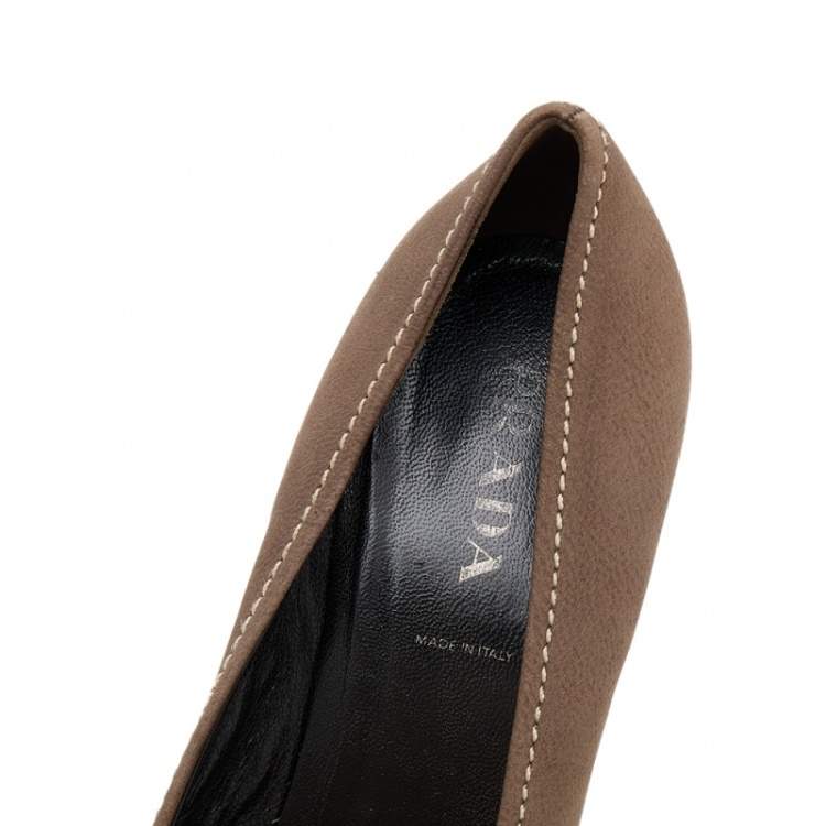 مملوكة مسبقًا Prada Khaki Brown Stitch Leather Knot Pointed Toe Pumps Size 37.5