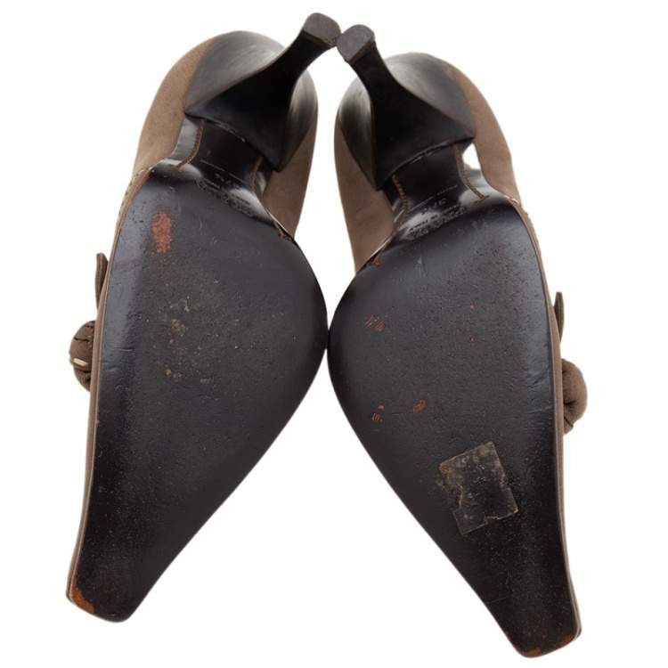 مملوكة مسبقًا Prada Khaki Brown Stitch Leather Knot Pointed Toe Pumps Size 37.5