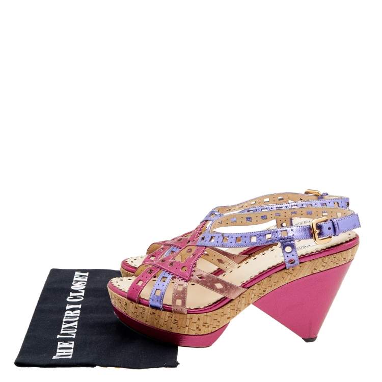 Pre Owned Prada Multicolor Leather Cork Heel Platform Slingback Sandals Size 41