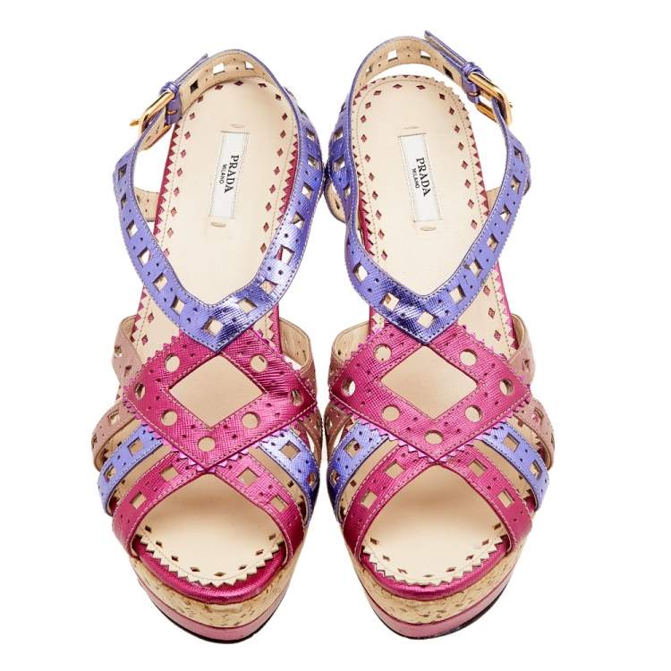 Pre Owned Prada Multicolor Leather Cork Heel Platform Slingback Sandals Size 41