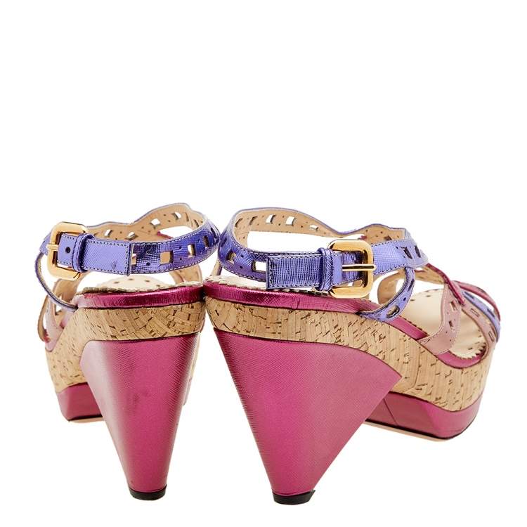 Pre Owned Prada Multicolor Leather Cork Heel Platform Slingback Sandals Size 41