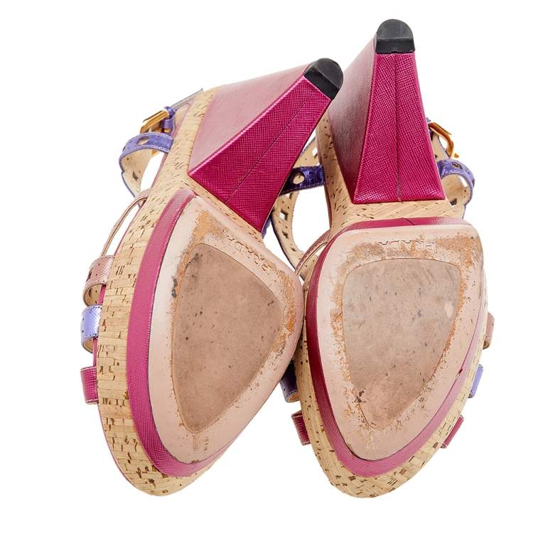Pre Owned Prada Multicolor Leather Cork Heel Platform Slingback Sandals Size 41