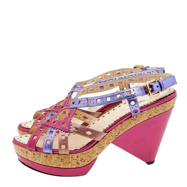 Pre Owned Prada Multicolor Leather Cork Heel Platform Slingback Sandals Size 41