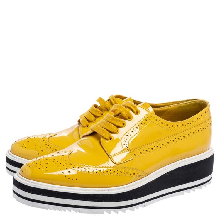 Pre Owned Prada Yellow Brogue Patent Leather Platform Derby Size 38