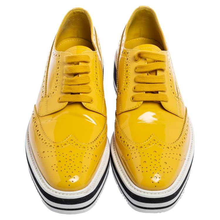 Pre Owned Prada Yellow Brogue Patent Leather Platform Derby Size 38
