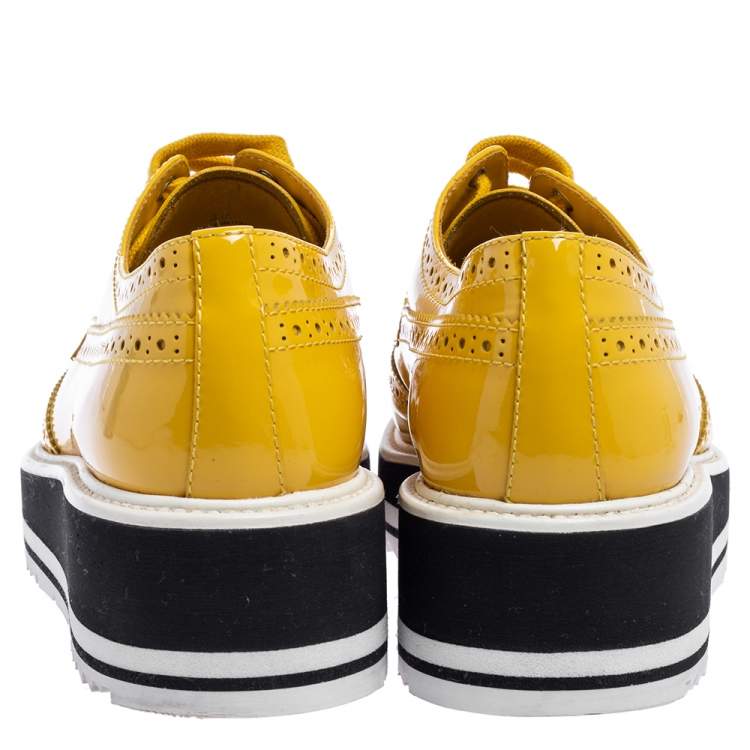 Pre Owned Prada Yellow Brogue Patent Leather Platform Derby Size 38