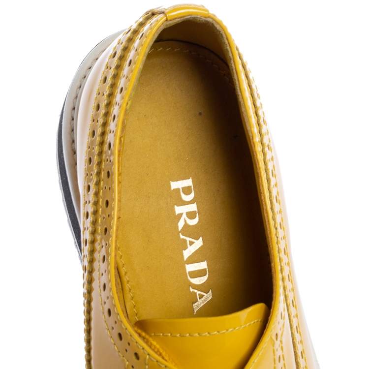 Pre Owned Prada Yellow Brogue Patent Leather Platform Derby Size 38